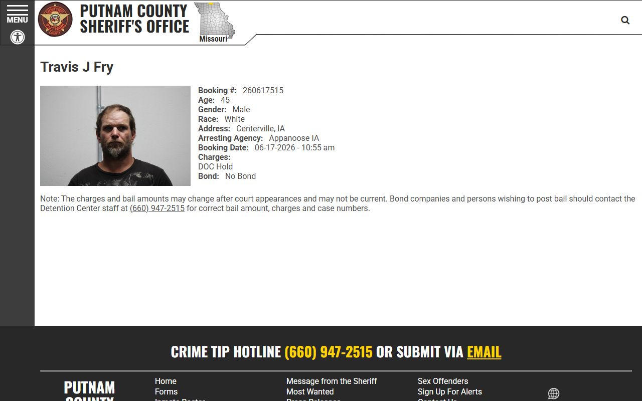 Putnam County arrest records sample inmate booking profile