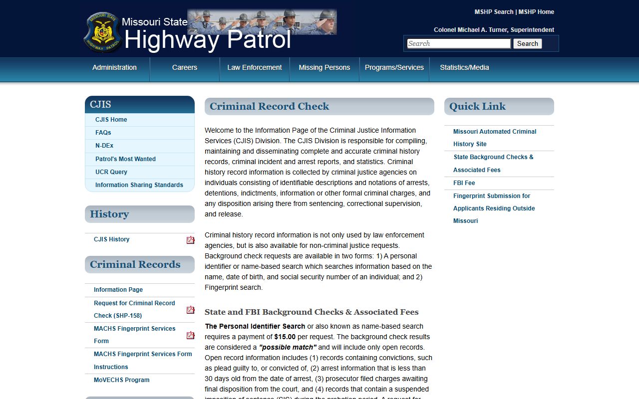 Putnam County criminal court records MSHP criminal record check source