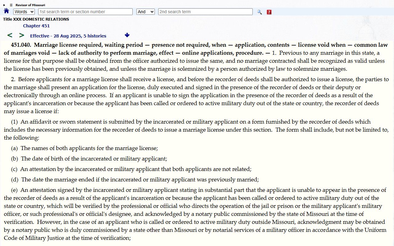 Putnam County marriage records Missouri marriage license statute
