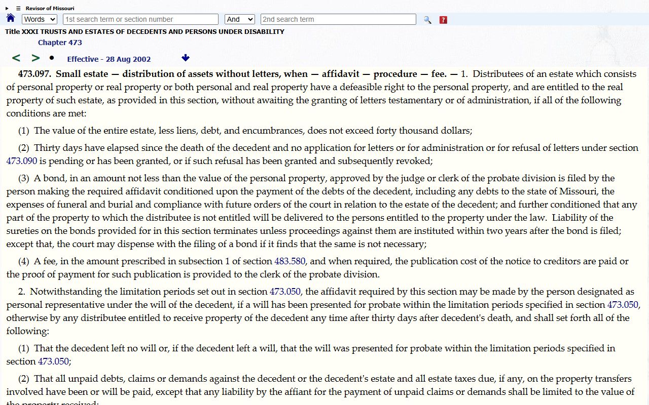 Putnam County probate records small estate probate statute